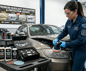 Technician restoring a foggy car headlight