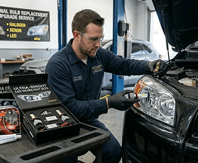 Mechanic replacing a headlight bulb on a vehicle
