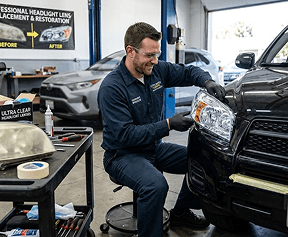 Technician replacing a cracked headlight lens
