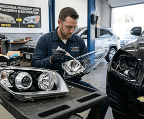 Mechanic rebuilding a damaged headlight assembly