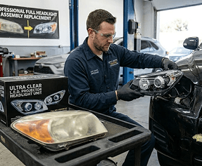 Technician installing a full headlight replacement