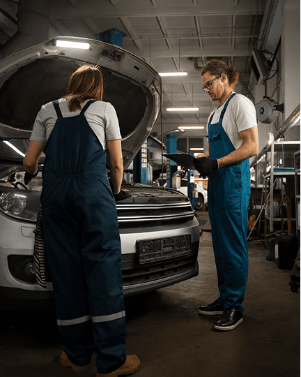 Service team inspecting a vehicle in the Garland garage