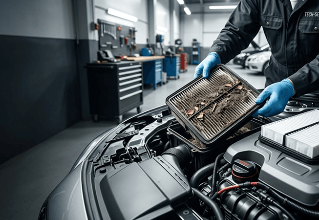Mechanic holding a dirty AC filter over a car engine bay