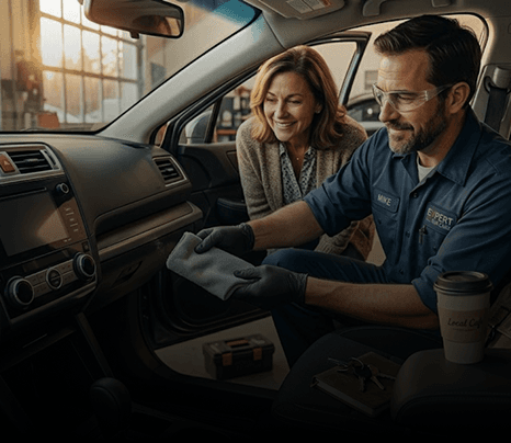 Couple inside a car checking cabin air filter performance