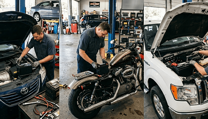 Technicians installing batteries on different vehicles