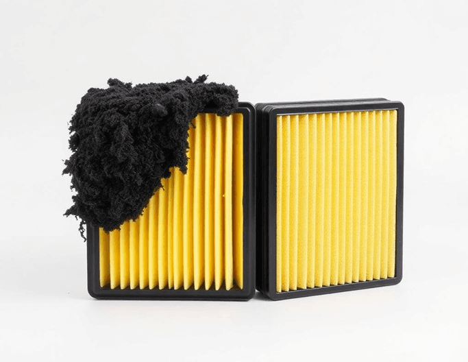 Dirty and clean engine air filters side by side