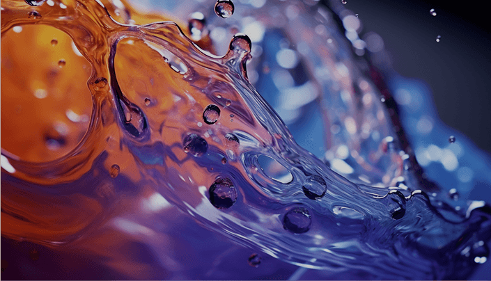 Close-up of orange and blue coolant fluid swirling with bubbles