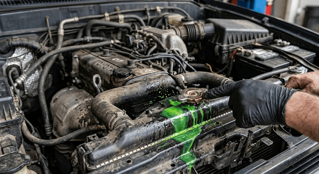 Close-up of a car radiator and cap in the engine bay