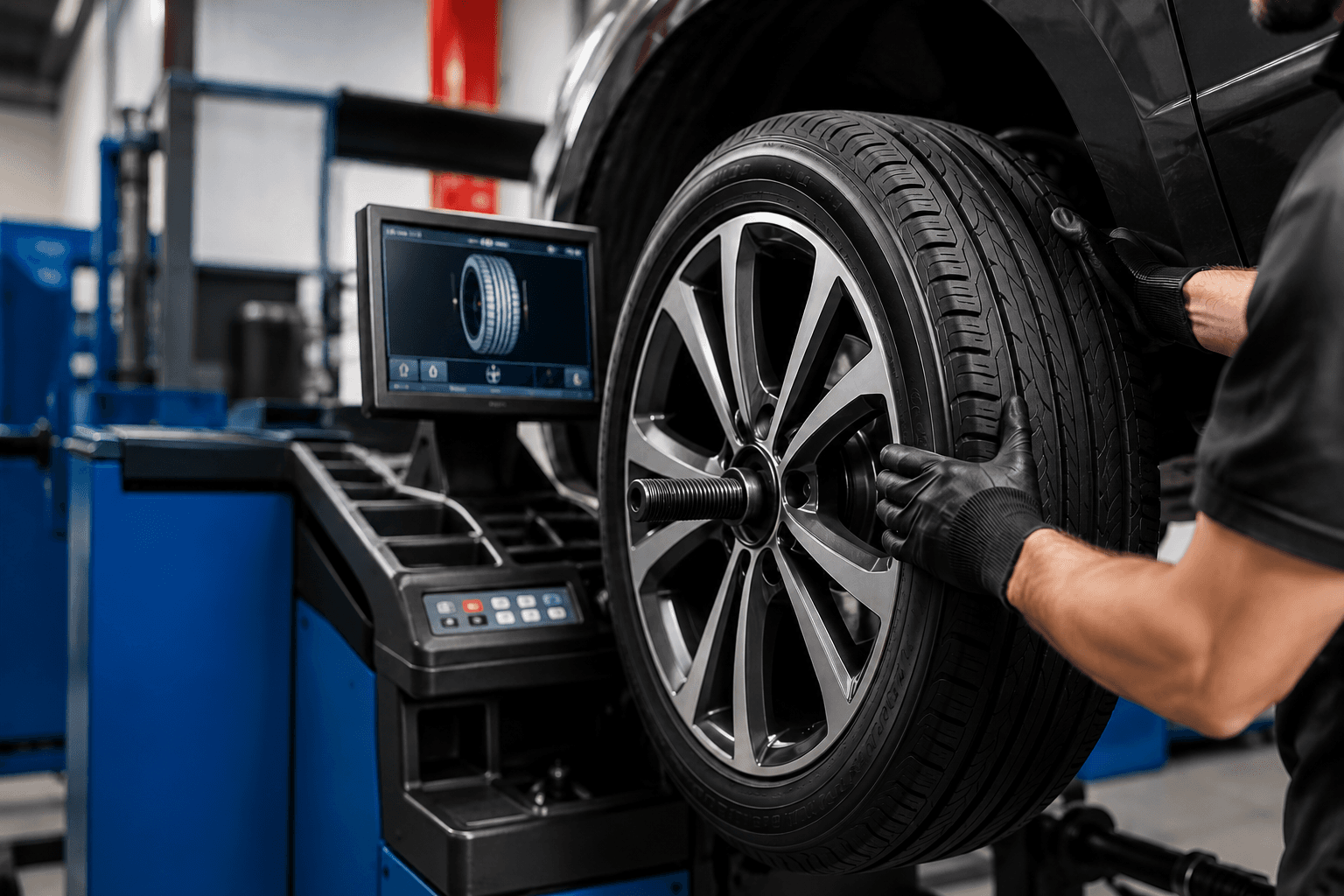 Technician balancing a tire on a machine in the shop