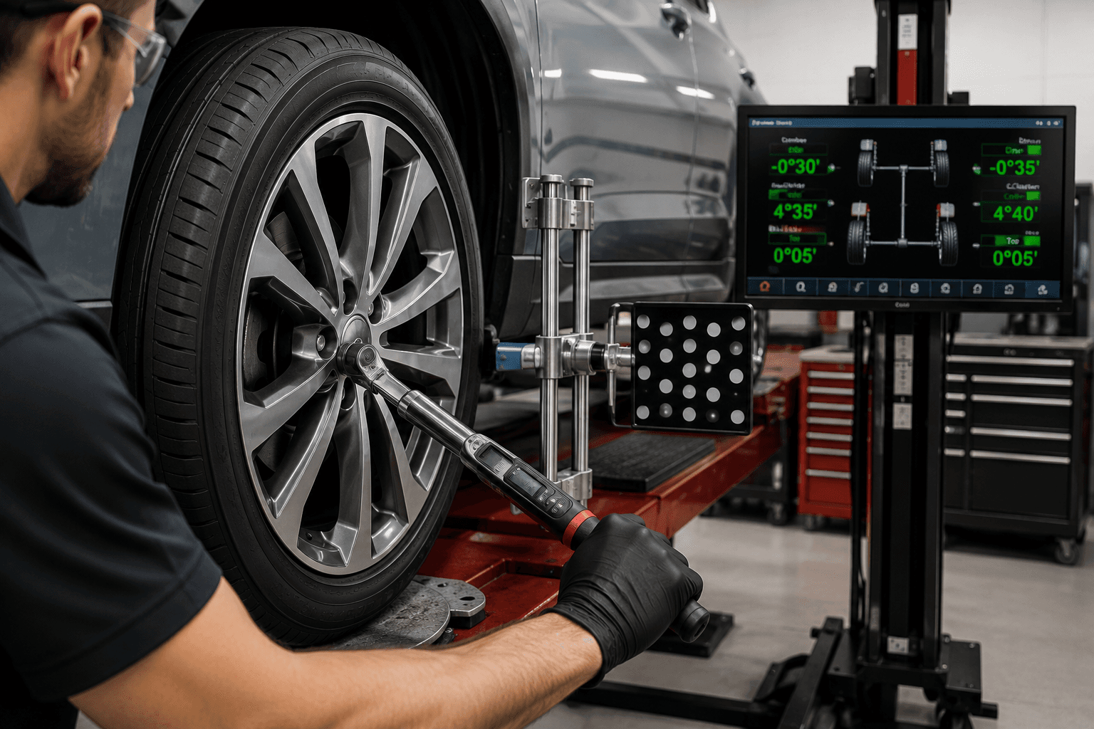 Technician aligning a tire with diagnostic screens nearby