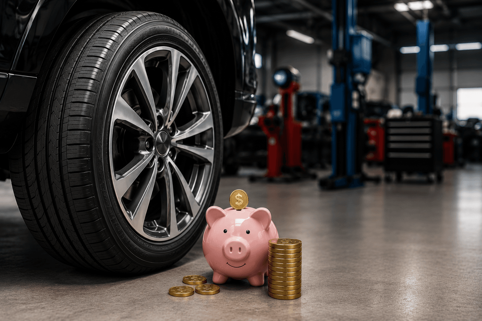 Car tire next to a piggy bank and coins