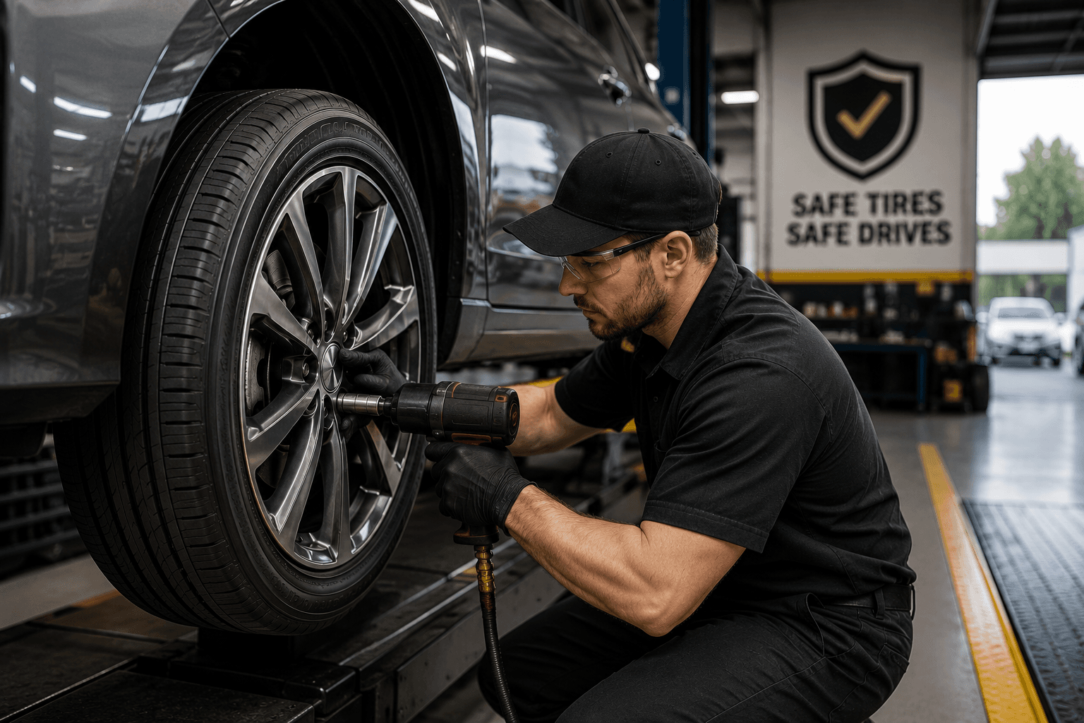 Technician tightening lug nuts with an impact wrench