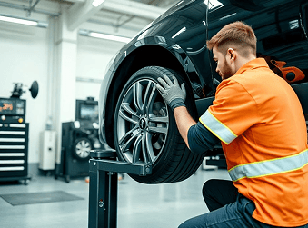 Technician performing wheel alignment on a car