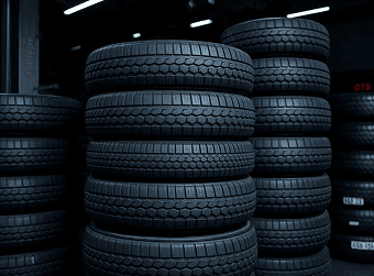 Stacks of new tires in a shop