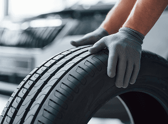 Gloved hands holding a tire