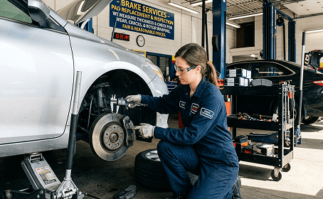Mechanics inspecting a car on a hydraulic lift