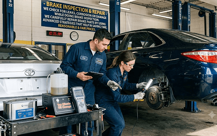 Technician machining a brake rotor