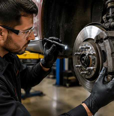 Mechanics inspecting brakes on a car in the shop