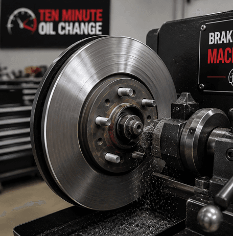 Technician machining a brake rotor