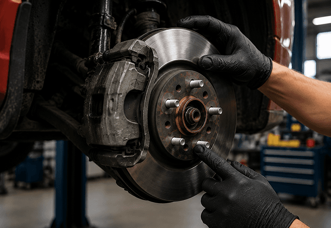 Technician inspecting a car brake rotor and caliper assembly