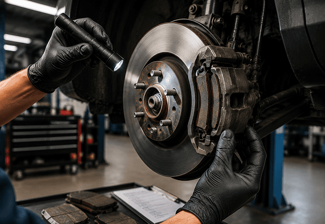 Technician using a flashlight to inspect a brake disc and caliper