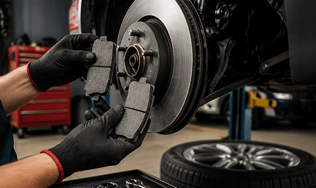 Gloved hands holding brake pads in front of a rotor