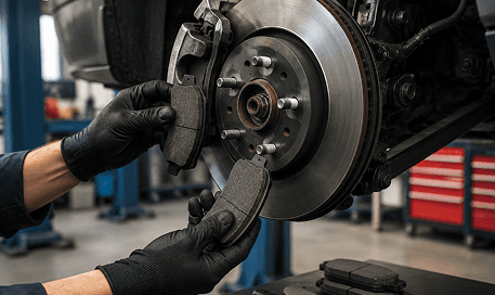 Gloved hands inspecting a brake hub and rotor assembly