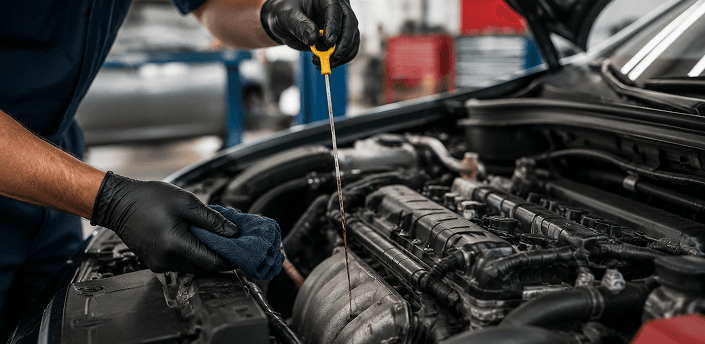 Technician checking fluid levels under an open car hood