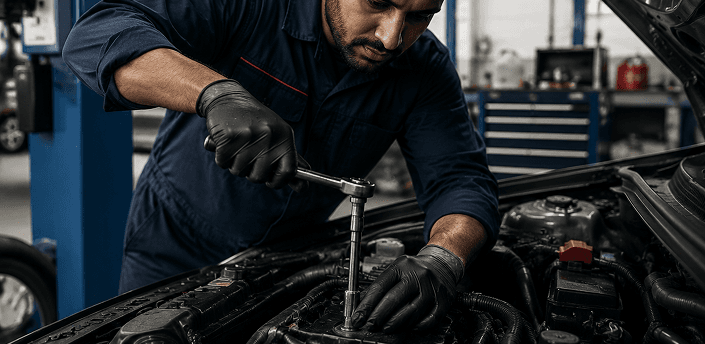 Technician using a socket wrench on vehicle components