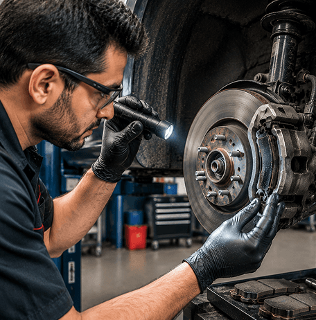 Technician inspecting a brake rotor with a flashlight