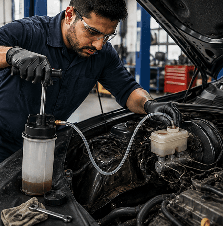Technician checking brake fluid under an open hood