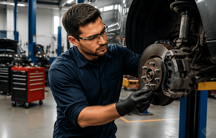 Technician inspecting a brake rotor and caliper on a hydraulic lift