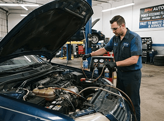 Technician performing a power steering flush service