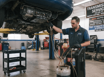Technician performing transmission service on a vehicle