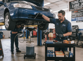 Technician inspecting an engine bay during a tune-up