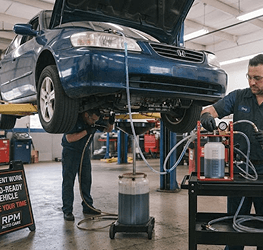 Technician working on fuel system components in an engine bay