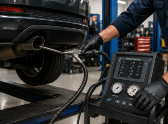 Technician performing emission system diagnostics