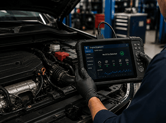 Technician using diagnostic equipment on an engine