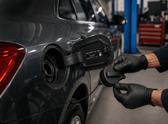 Technician replacing a gas cap on a vehicle