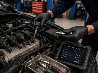 Technician inspecting ignition system components