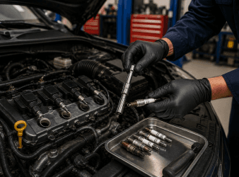 Technician replacing spark plugs during a tune-up