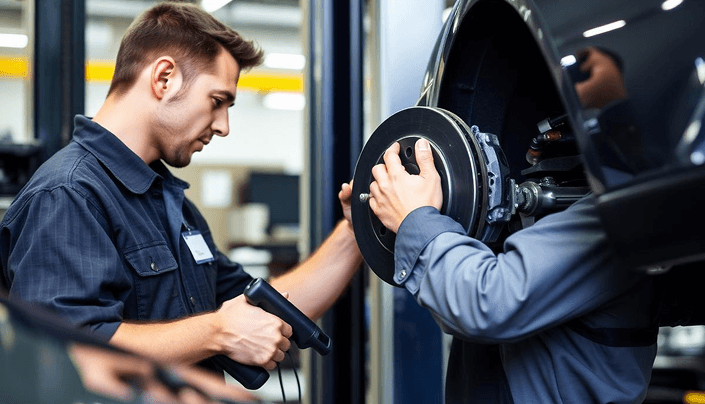 Mechanics inspecting and repairing a car brake system