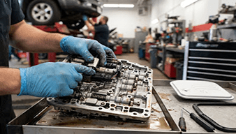 Technician working on a transmission component on a workbench