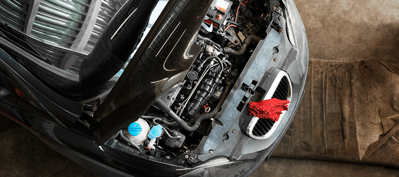 Open car engine bay during transmission filter service at Ten Minute Oil Change