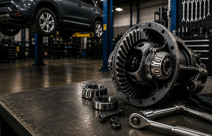 Differential gear assembly and tools on a workbench in an auto repair shop
