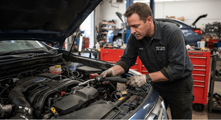 Mechanic working under the hood of a blue car at Ten Minute Oil Change