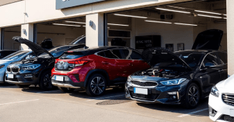 Vehicles in a Ten Minute Oil Change service bay