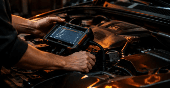 Technician reviewing transmission diagnostic data