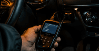 Technician using a handheld diagnostic tool