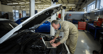 Mechanic working on emission system components